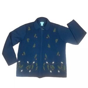 Classic Elements VTG Women’s Navy Embroidered Full Zip Cardigan Size Large 14-16